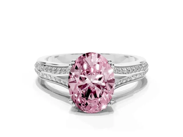 Fancy Pink Oval Cut Diamond Split Shank Engagement Ring with Pavé Band Platinum