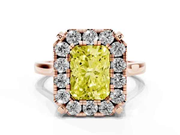 Fancy Yellow Radiant Cut Diamond Cluster Halo Solitaire with Four-Prong Setting Rose gold