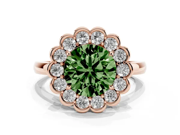 Fancy Green Round Cut Halo Cluster Diamond Engagement Ring with Solitaire Band and Prong Setting Rose gold