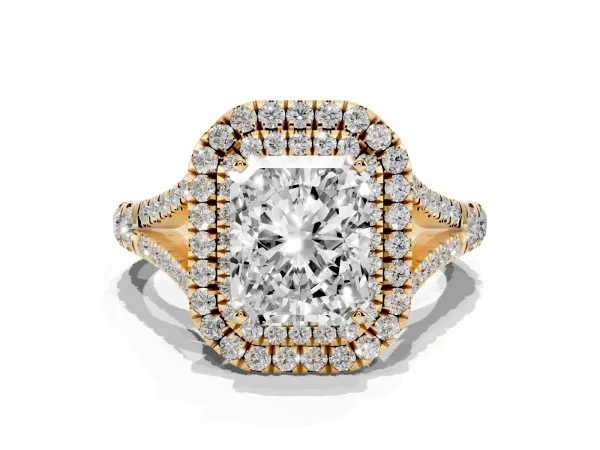 Radiant Cut Cut Double Halo Split Shank Diamond Ring with Prong Setting Yellow gold