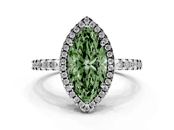 Fancy Green Marquise Cut Diamond Halo Engagement Ring with Pavé Band and Prong Setting Platinum