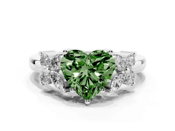Fancy Green Heart Cut Diamond Floral Cluster Ring with Solitaire Band and Prong Setting Platinum