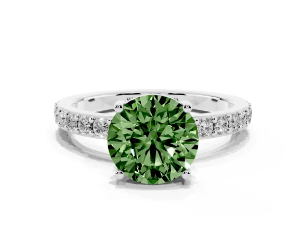 Fancy Green Round Cut Cut Diamond Solitaire with Pave Band and Four-Prong Setting Platinum