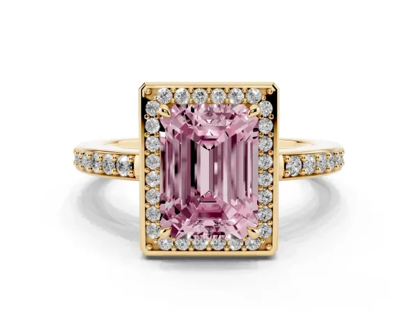 Fancy Pink Emerald Cut Halo Pave Band Solitaire Ring with Prong Setting Yellow gold