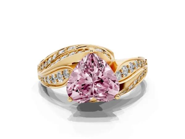Fancy Pink Heart Cut Diamond Solitaire Ring with Prong Setting and Twisted Pavé Band Yellow gold