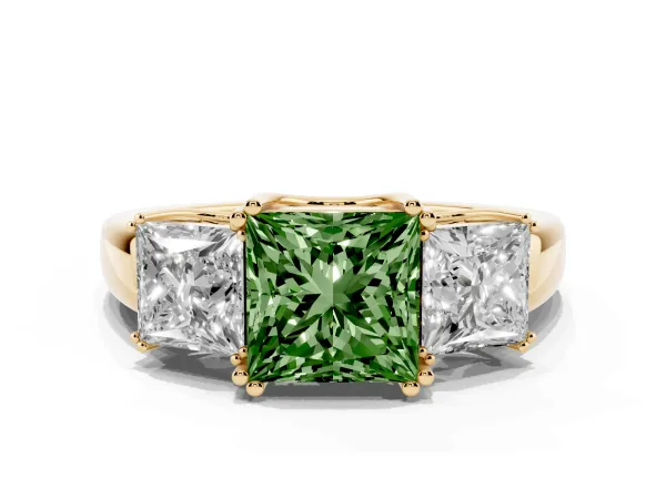 Fancy Green Three-Stone Princess Cut Cut Diamond Ring with Channel Set Band and Four-Prong Setting Yellow gold