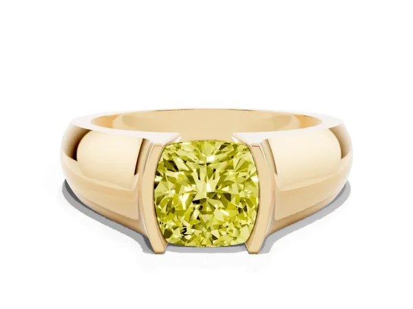 Fancy Yellow Cushion Cut Solitaire Bezel Set Diamond Ring with Wide Band Yellow gold