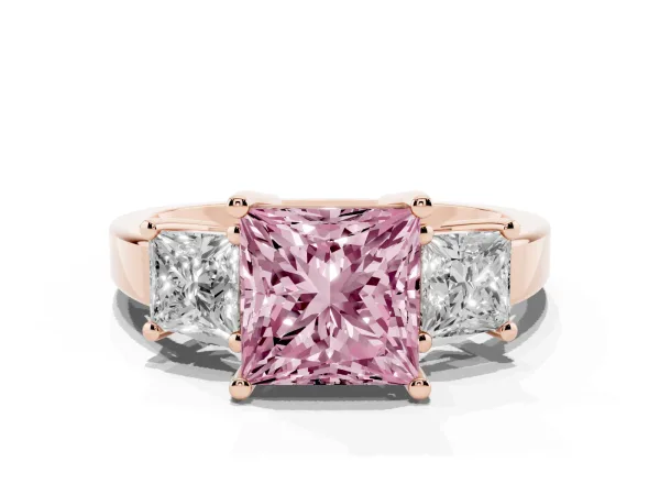 Fancy Pink Three-Stone Princess Cut Cut Solitaire Ring with Prong Setting Rose gold