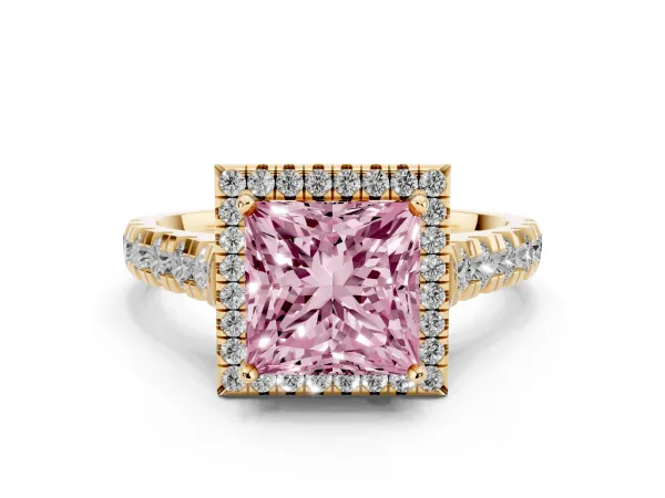 Fancy Pink Princess Cut Halo Pavé Diamond Engagement Ring with Four-Prong Setting Yellow gold