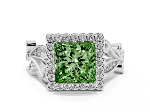 Fancy Green Princess Cut Diamond Halo Ring with Vintage Split Shank and Four-Prong Setting White gold
