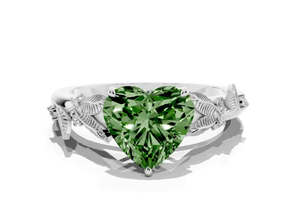 Fancy Green Heart Cut Diamond Solitaire Ring with Leaf Motif Band and Four-Prong Setting Platinum