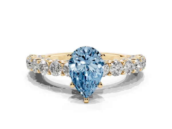 Fancy Blue Pear Cut Diamond Solitaire Ring with Shared Prong Pavé Band and Four-Prong Setting Yellow gold
