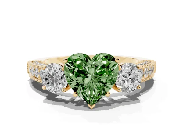 Fancy Green Heart Cut Three-Stone Diamond Ring with Pavé Band and Four-Prong Setting Yellow gold