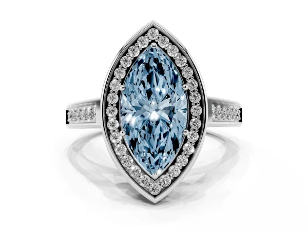 Fancy Blue Marquise Cut Halo Solitaire Diamond Ring with Pave Band and Bezel Setting White gold