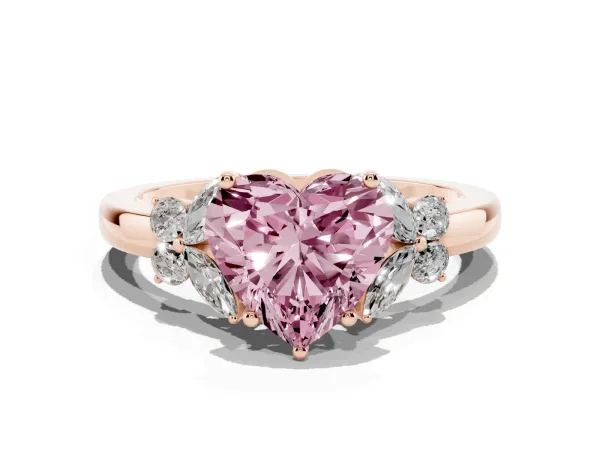 Fancy Pink Heart Cut Cut Solitaire Floral Diamond Ring with Four-Prong Setting Rose gold