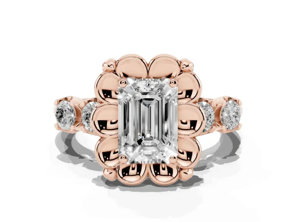 Emerald Cut Cut Diamond Floral Halo Engagement Ring with Shared Prong Setting Rose gold