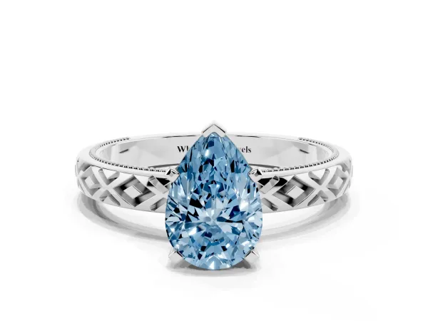 Fancy Blue Pear Cut Solitaire Diamond Ring with Milgrain and Black Enamel X Pattern Band Platinum