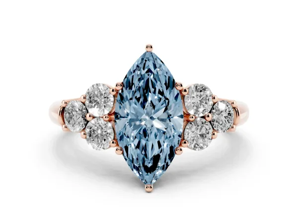 Fancy Blue Marquise Cut Cut Diamond Cluster Ring with Round Accent Stones and Prong Setting on a Classic Band Rose gold