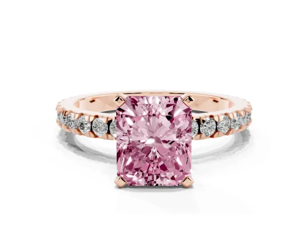 Fancy Pink Radiant Cut Diamond Pavé Band Solitaire with Four-Prong Setting Rose gold