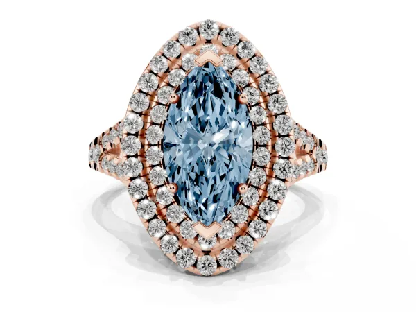 Fancy Blue Double Halo Marquise Cut Diamond Pavé Split Shank Ring with Prong Setting Rose gold