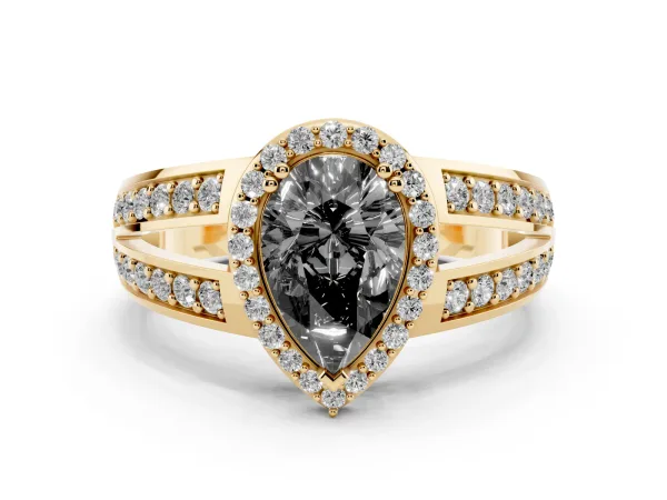 Fancy Black Pear Cut Diamond Halo Ring with Split Shank Pavé Band and Four-Prong Setting Yellow gold