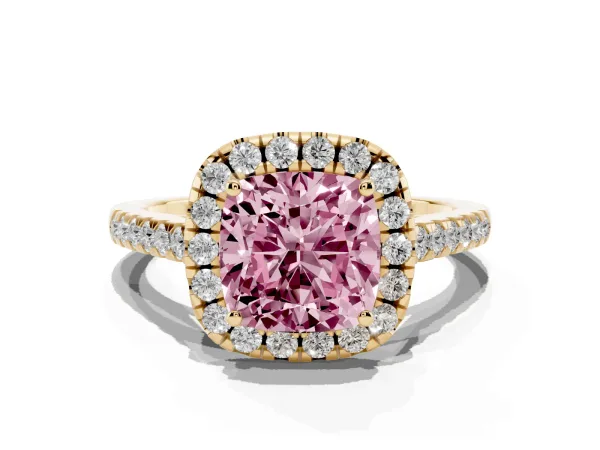 Fancy Pink Cushion Cut Halo Pavé Diamond Engagement Ring with Four-Prong Setting Yellow gold