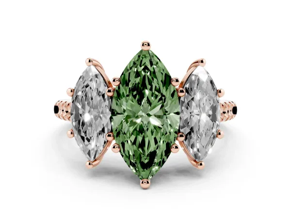 Fancy Green Three-Stone Marquise Cut Diamond Ring with Round Pavé Band and Prong Setting Rose gold