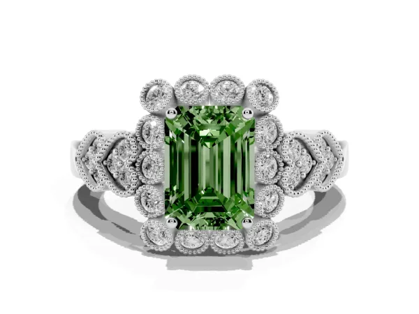 Fancy Green Emerald Cut Brilliant Milgrain Pave Heart Band Solitaire Ring White gold