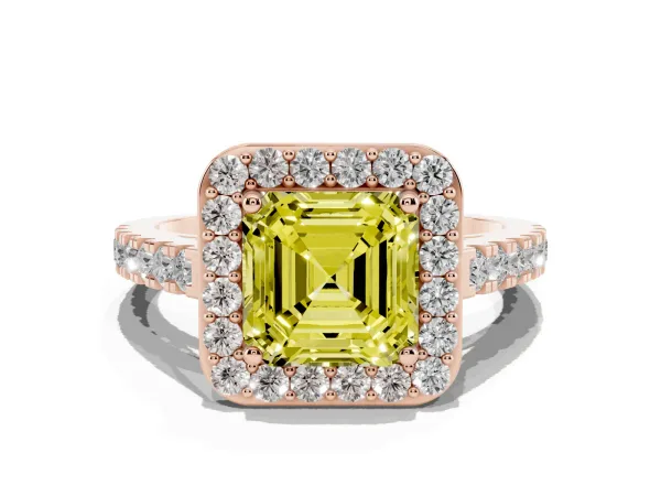 Fancy Yellow Asscher Cut Diamond Halo Ring with Round Pavé Split Shank and Prong Setting Rose gold