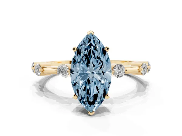 Fancy Blue Marquise Cut Solitaire Diamond Ring with Bezel Set Side Stones and Prong Setting Yellow gold