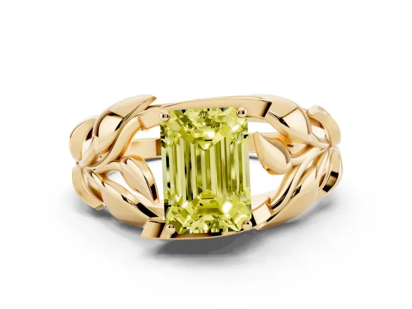 Fancy Yellow Emerald Cut Diamond Leaf-Inspired Engagement Ring with Round Accents and Prong Setting Yellow gold