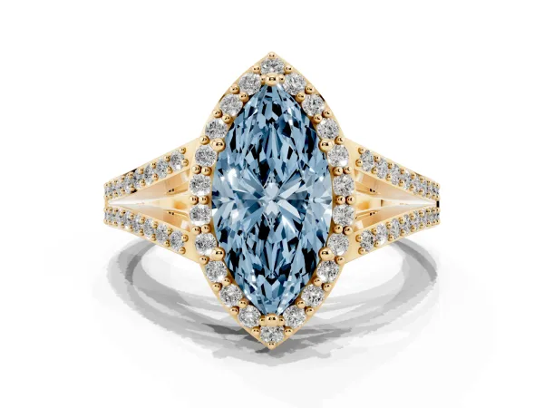 Fancy Blue Marquise Cut Halo Split Shank Diamond Ring with Prong Setting Yellow gold
