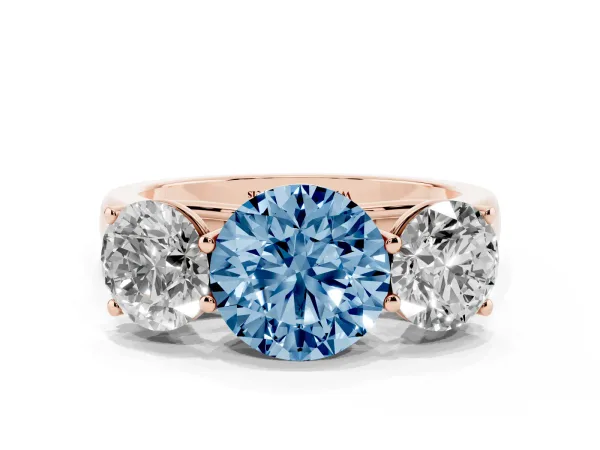 Fancy Blue Round Cut Three-Stone Diamond Ring with Prong Setting on a Classic Band Rose gold