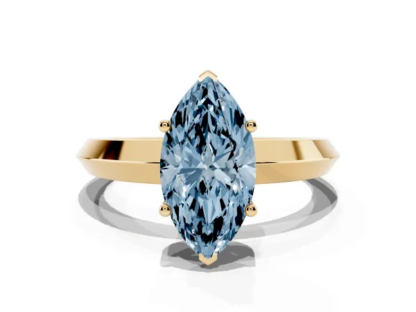 Fancy Blue Marquise Cut Cut Solitaire Engagement Ring with Flat Band and Four-Prong Setting Yellow gold