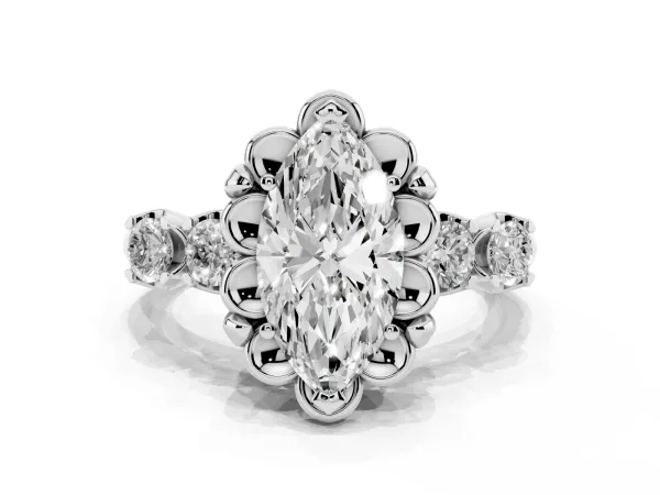 Marquise Cut Cut Diamond Floral Halo Engagement Ring with Shared Prong Setting White gold