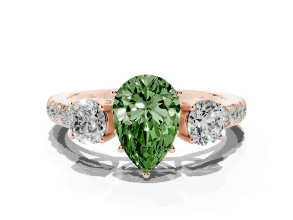 Fancy Green Pear Cut Cut Diamond Three-Stone Ring with Round Side Stones and Pavé Band Rose gold