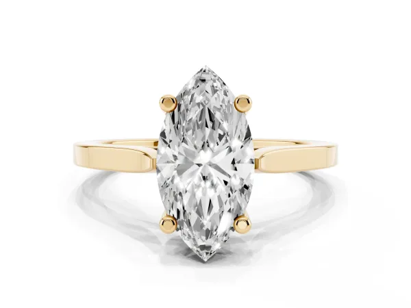 Marquise Cut Solitaire Diamond Ring with Four-Prong Setting and Tapered Band Yellow gold
