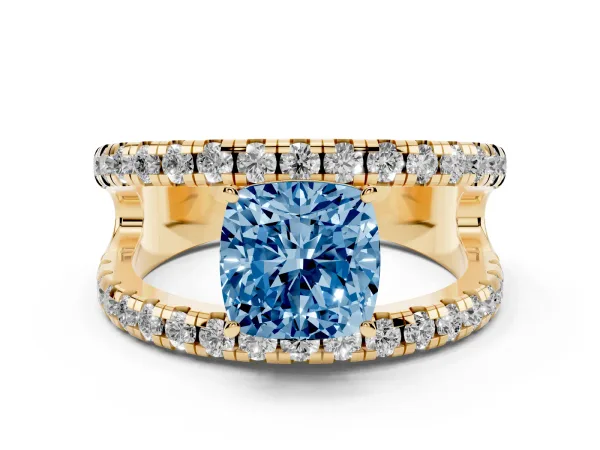 Fancy Blue Cushion Cut Solitaire Split Shank Pave Diamond Ring Yellow gold