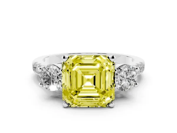 Fancy Yellow Three-Stone Asscher Cut Diamond Pavé Band with Four-Prong Setting White gold