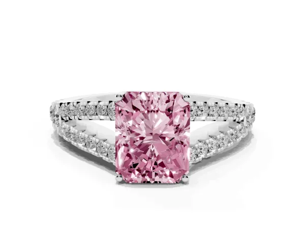 Fancy Pink Radiant Cut Diamond Split Shank Pavé Engagement Ring with Four-Prong Setting Platinum