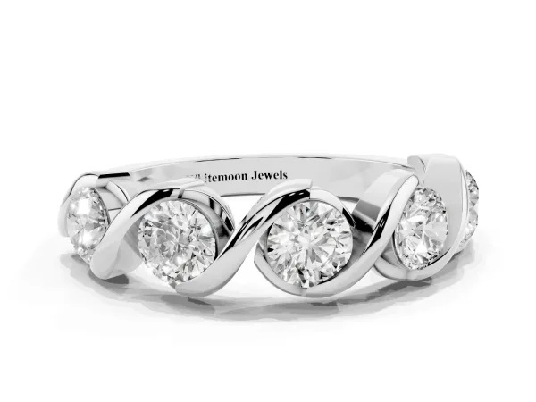 Round Diamond Wave Band with Channel Setting and Shared Prongs White gold