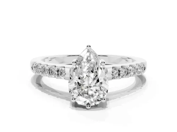 Pear Cut Solitaire Diamond Engagement Ring with Pavé Band and Six-Prong Setting Platinum