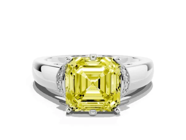 Fancy Yellow Asscher Cut Solitaire Diamond Ring with Pave Band and Six-Prong Setting White gold