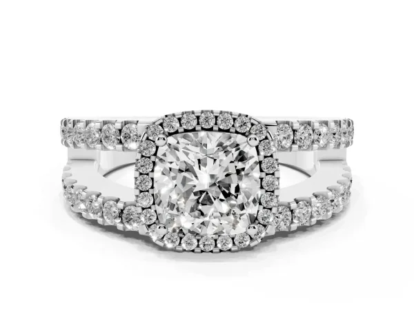 Cushion Cut Cut Halo Split Shank Diamond Ring with Four-Prong Setting White gold