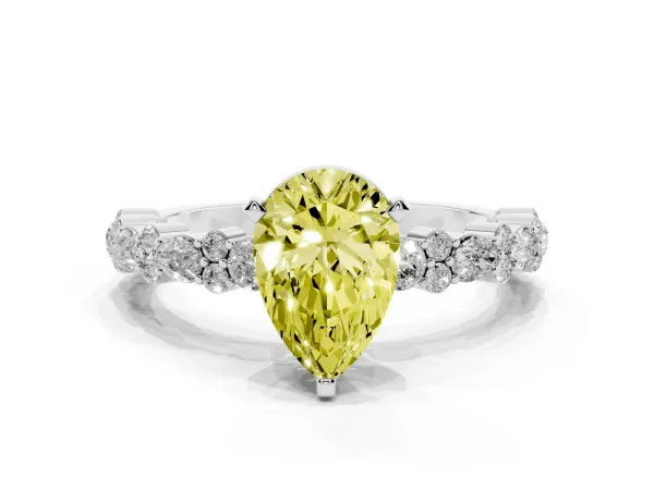 Fancy Yellow Pear Cut Diamond Side Stone Solitaire Ring with Round and Four-Prong Setting Platinum