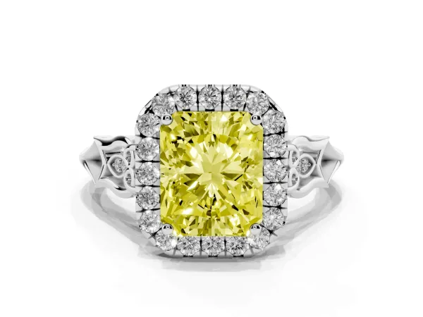 Fancy Yellow Radiant Cut Halo Diamond Engagement Ring with Filigree Band and Four-Prong Setting Platinum