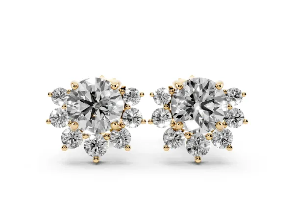 Cluster Round Diamond Stud Earrings with White Gold Band and Four-Prong Setting Yellow gold