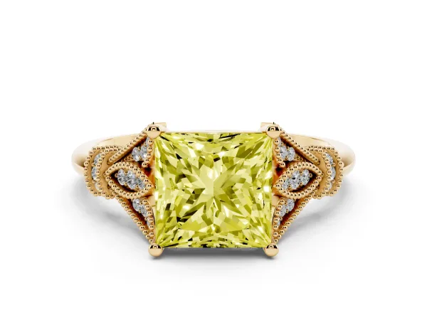 Fancy Yellow Princess Cut Diamond Solitaire Ring with Floral Filigree and Pave Accents Yellow gold
