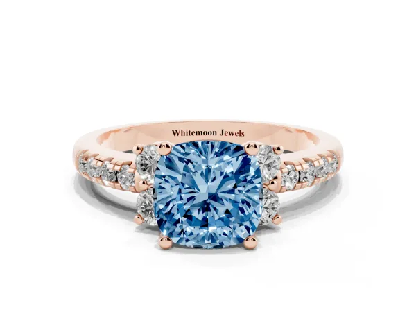 Fancy Blue Cushion Cut Diamond Three-Stone Pave Band with Four-Prong Setting Rose gold