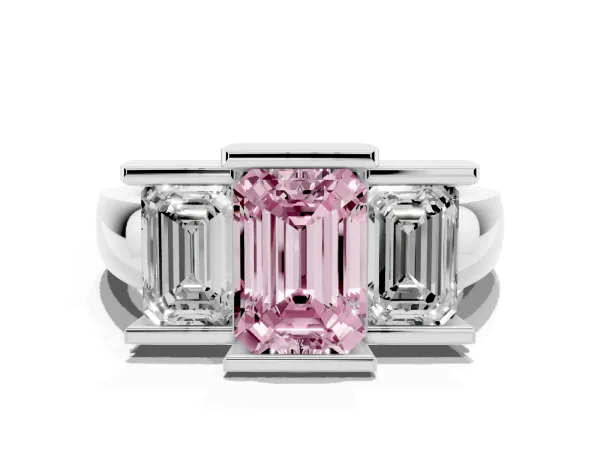 Fancy Pink Three Stone Emerald Cut Cut Channel Set Diamond Ring Platinum